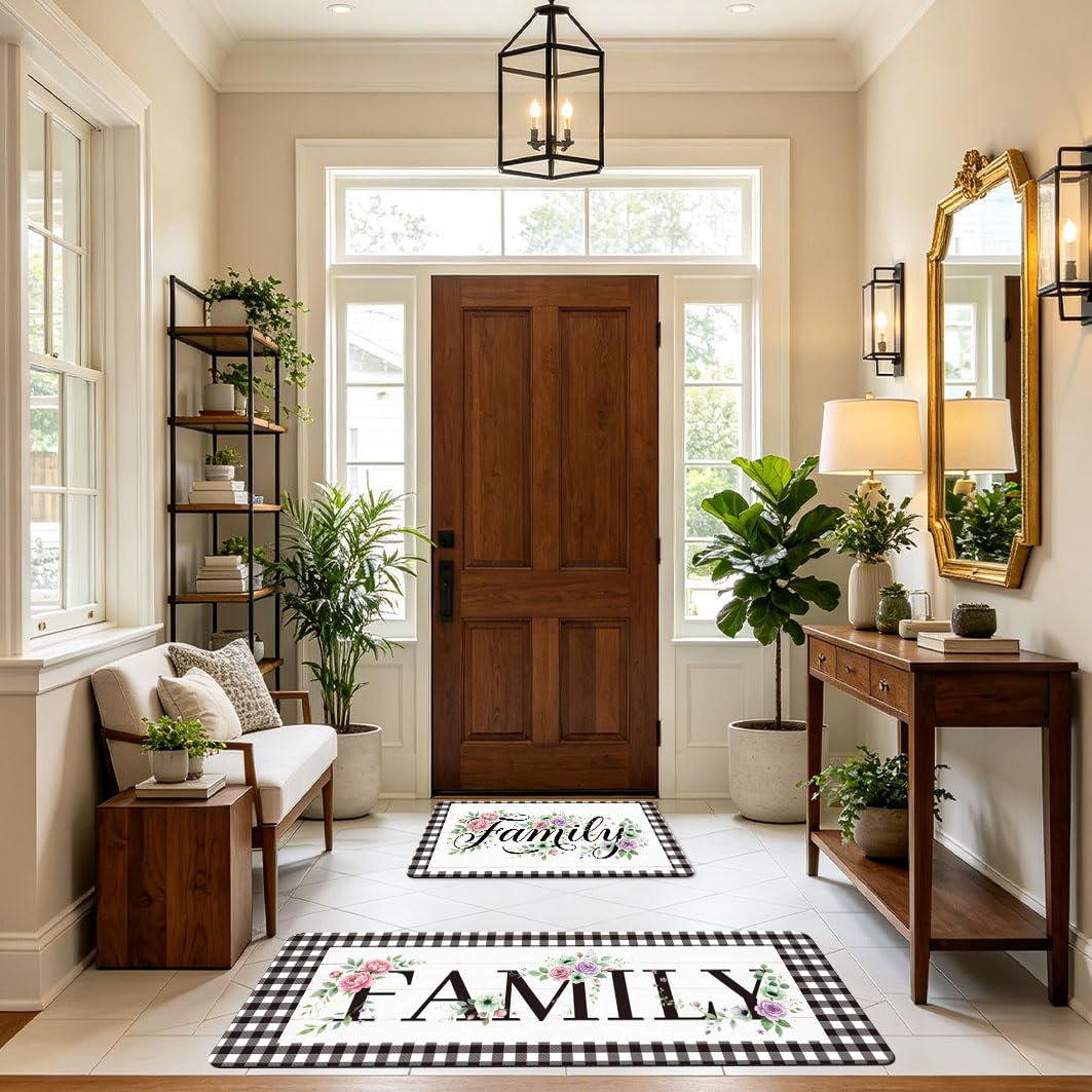 Set di 2 tappeti da cucina in stile rustico con fiori di famiglia, anti-affaticamento, antiscivolo, lavabili, comodi, decorazione per la casa, lavanderia, corridoio, ingresso, bagno, 43 x 76