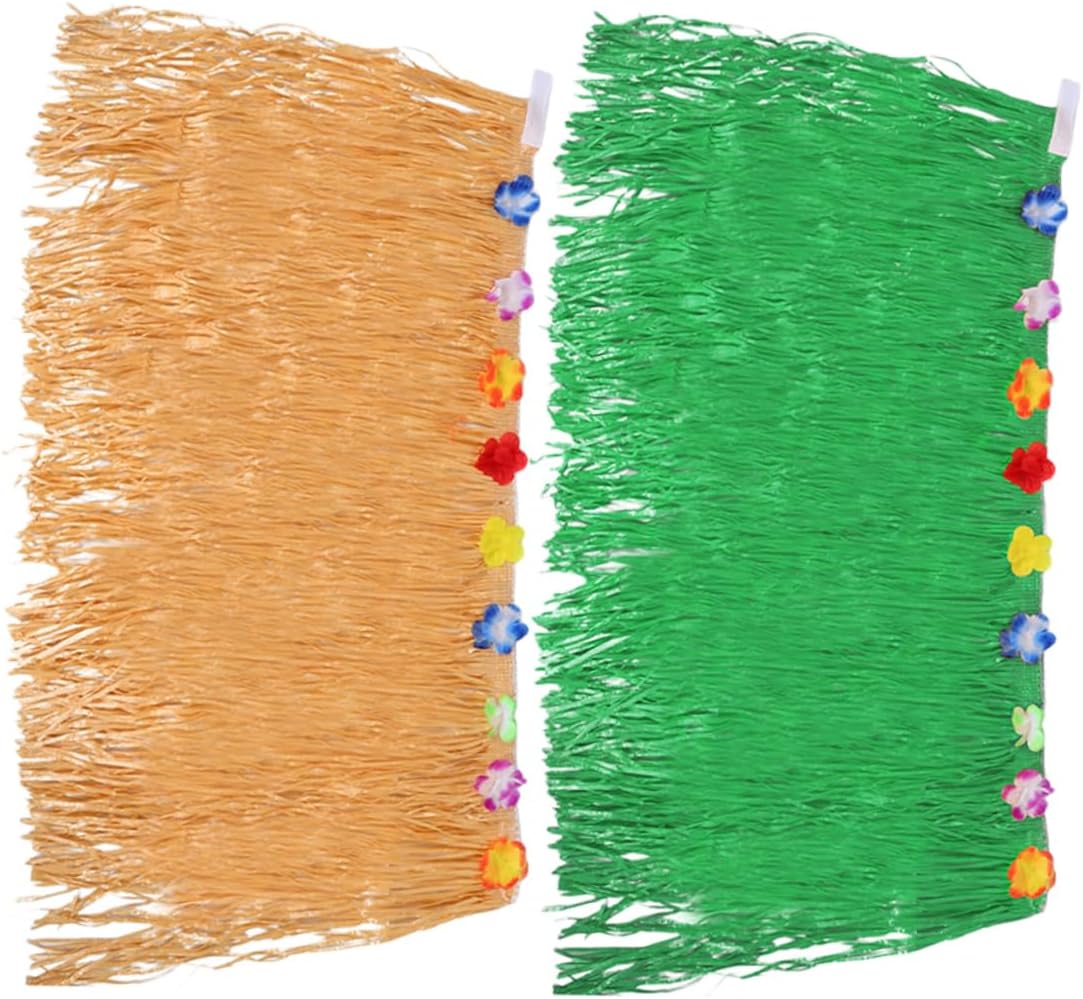 2pcs Hawaiian Grass Table Skirt Flowers Luau Party Decorations for Beach Birthday Events Unique Tropical Theme Decor