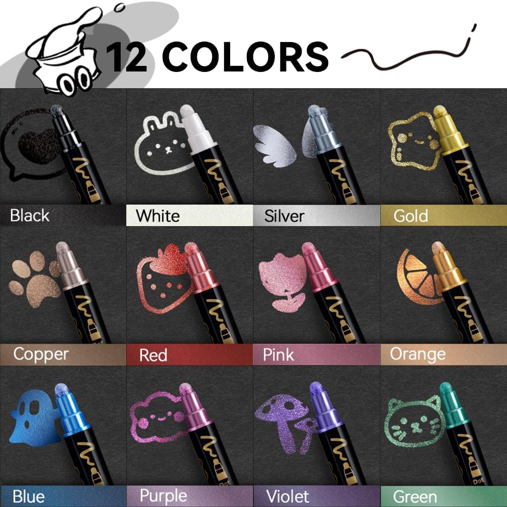 TRANSON 12Colors Metallic Paint Markers Bold and Fine Dual-tip for Rock Wood Ceramic Canvas DIY Painting Drawing - Image 7