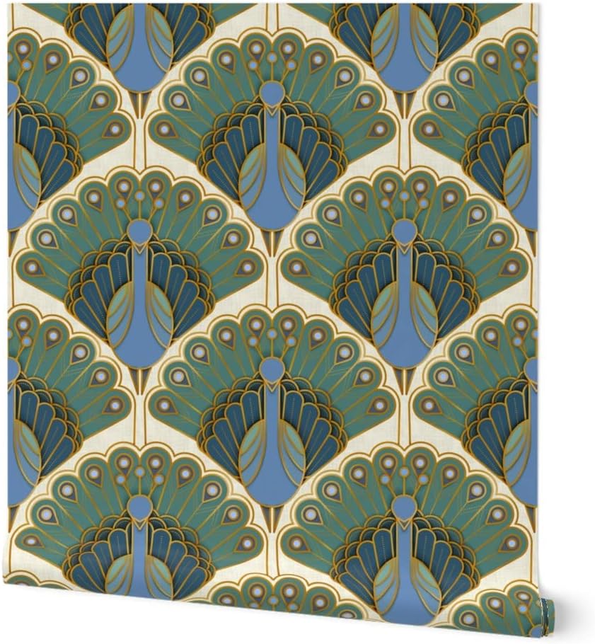 Spoonflower Removable Wallpaper 3ft x 2ft - Peacock Art Deco Green Blue Cream 1920s Birds Custom Pre-Pasted Wallpaper