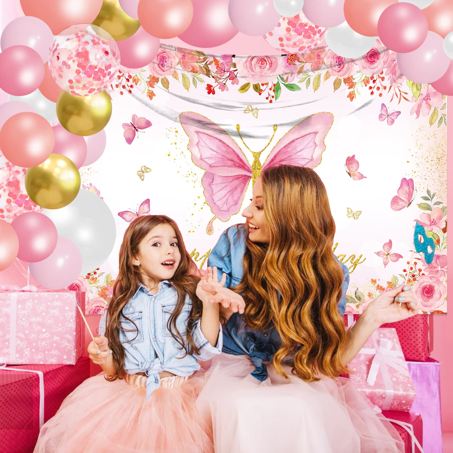 TENCOW Butterfly Birthday Party Decorations Backdrop Pink Purple Balloon Garland Arch Kit Butterfly Photography Background Banner For Princess Girls Women Birthday Party Supplies
