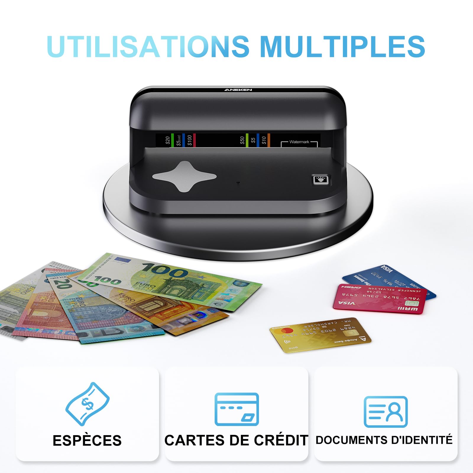 Aneken AL-17 Détecteur de faux billets avec lumière LED UV et lampe filigrane, detecteur de faux billets euros avec batterie intégrée, cartes et détection de carte d’identité, pour toutes les devises