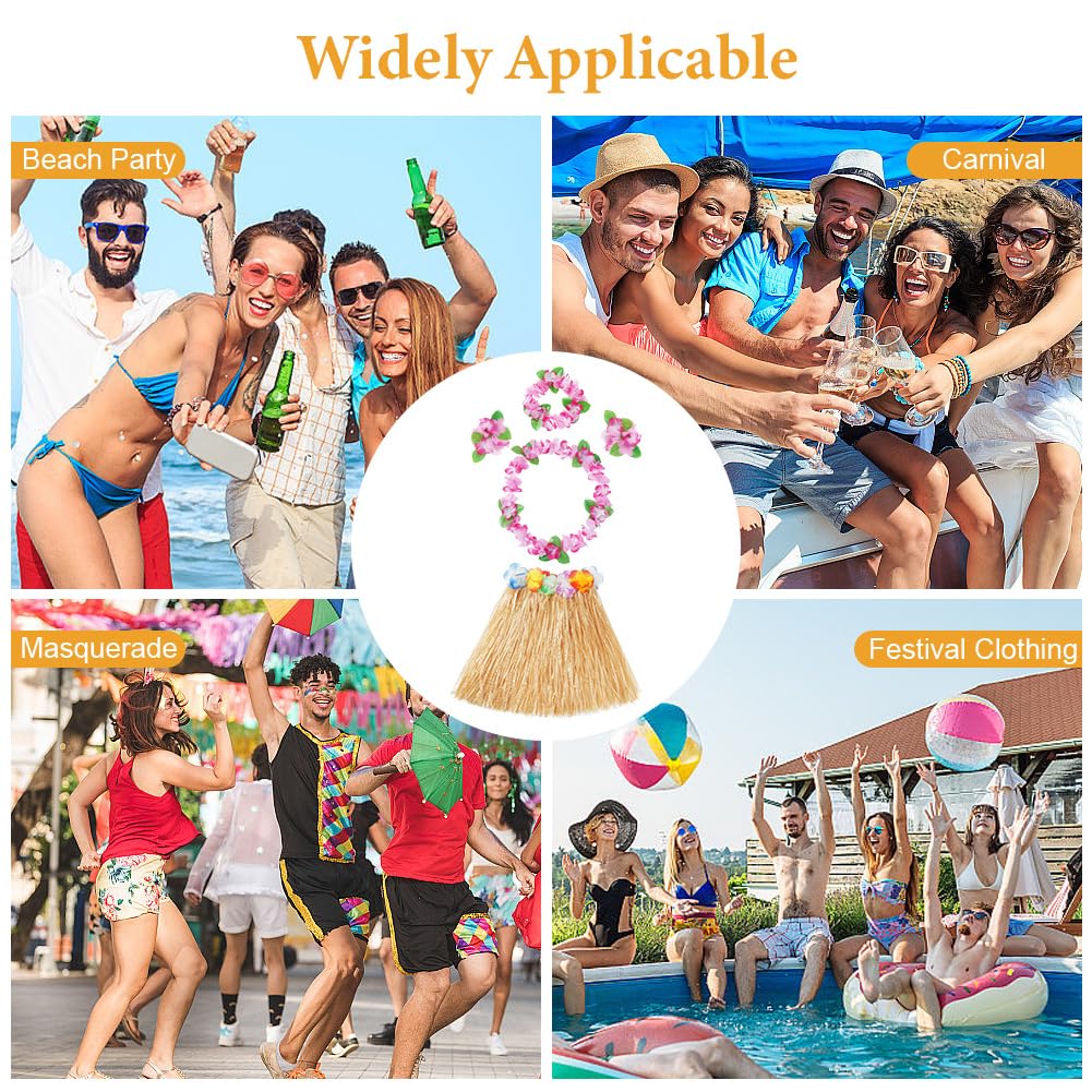 Aomig Jupe Hula à Feuilles, 5 Pièces Jupe Hawaïenne en Herbe avec Collier/Fleurs d'hibiscus Artificielles/Lunettes de Soleil, Jupe Hawaiian en Feuilles de Palmier pour Plage Fête Hawaïenne Luau Tiki