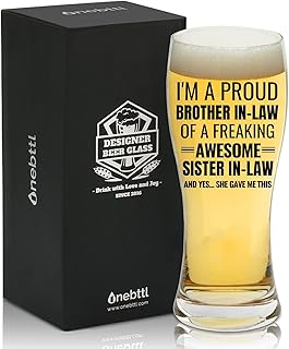 Onebttl Gifts for Brother in Law from Sister in Law, Beer Glass Funny Gift Idea for Christmas, Father's Day, Birthday, Box and Greeting Card Included