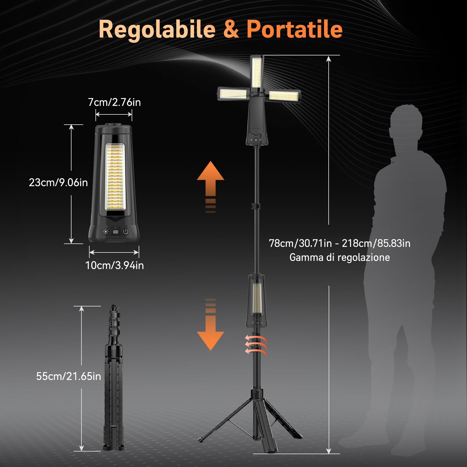 Adewalk 15000 mAh Lampada da Campeggio LED Ricaricabile, 5500LM Lampada da Lavoro con Treppiede, Dimmerabile, Impermeabile IP65, Faretto da Costruzione con 3 Teste per Garage Studio Cantieri