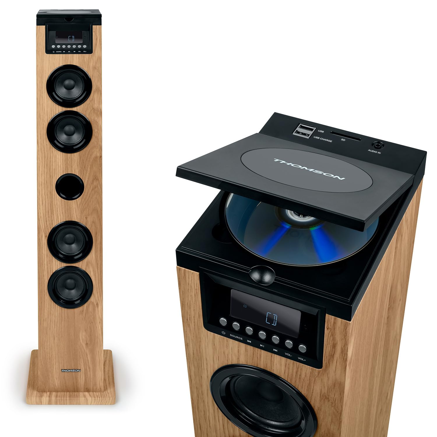 Tour de Son Thomson DS122CD - 60W - HiFi Bluetooth, Lecteur CD, télécommande, AUX in, Radio FM - Bois/Noir, Jeu de lumière LED