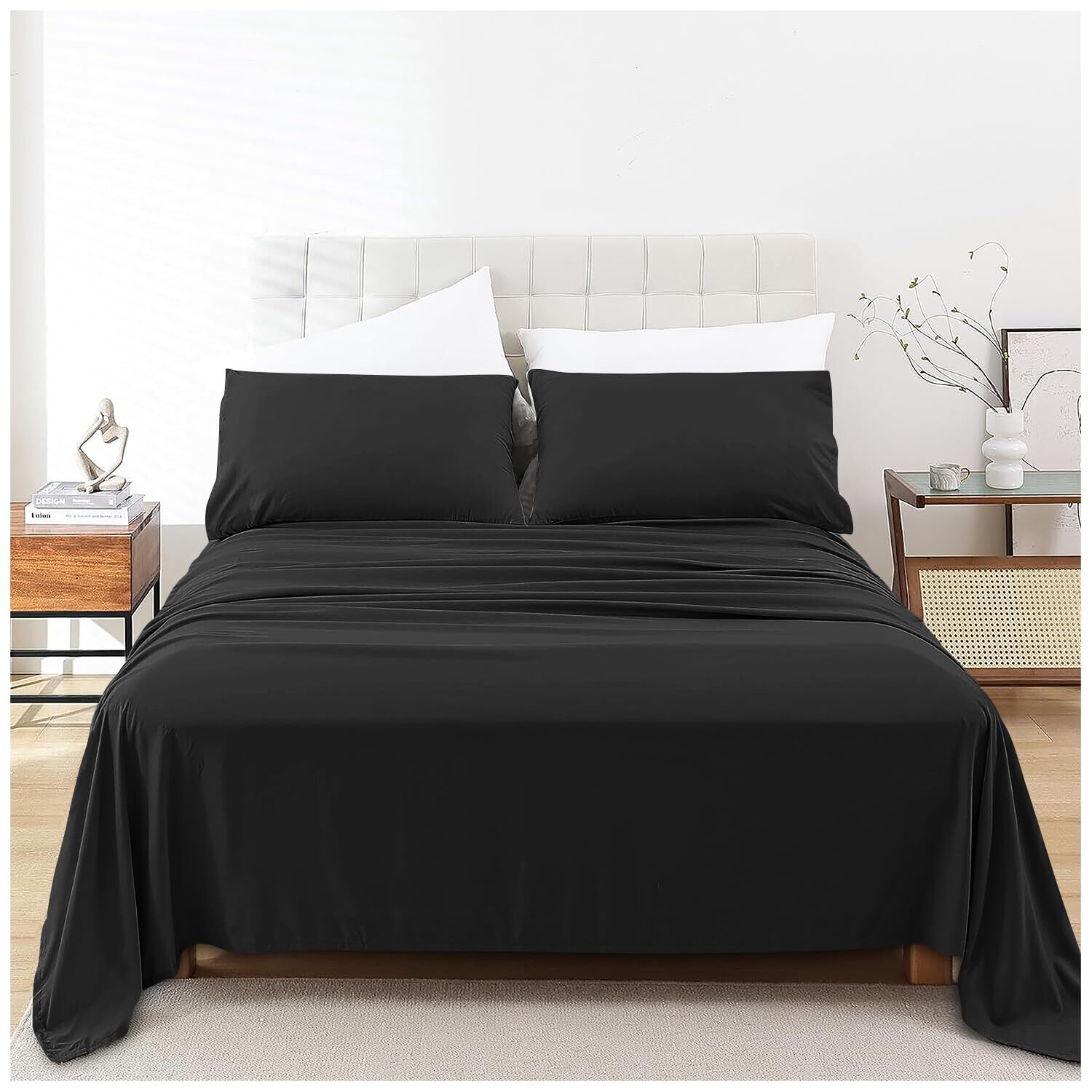 Luxurious Percale Sheet Anti Wrinkle Flat Double Bed Sheets Poly Cotton Dyed Plain Bedding Bedsheet, Black โ image 1