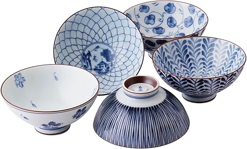 ese Pottery Set – Cuencos de arroz tradicionales – Cuencos asiáticos azules y blancos – Pintados a mano – Cerámica premium – Juego de 5 cuencos de