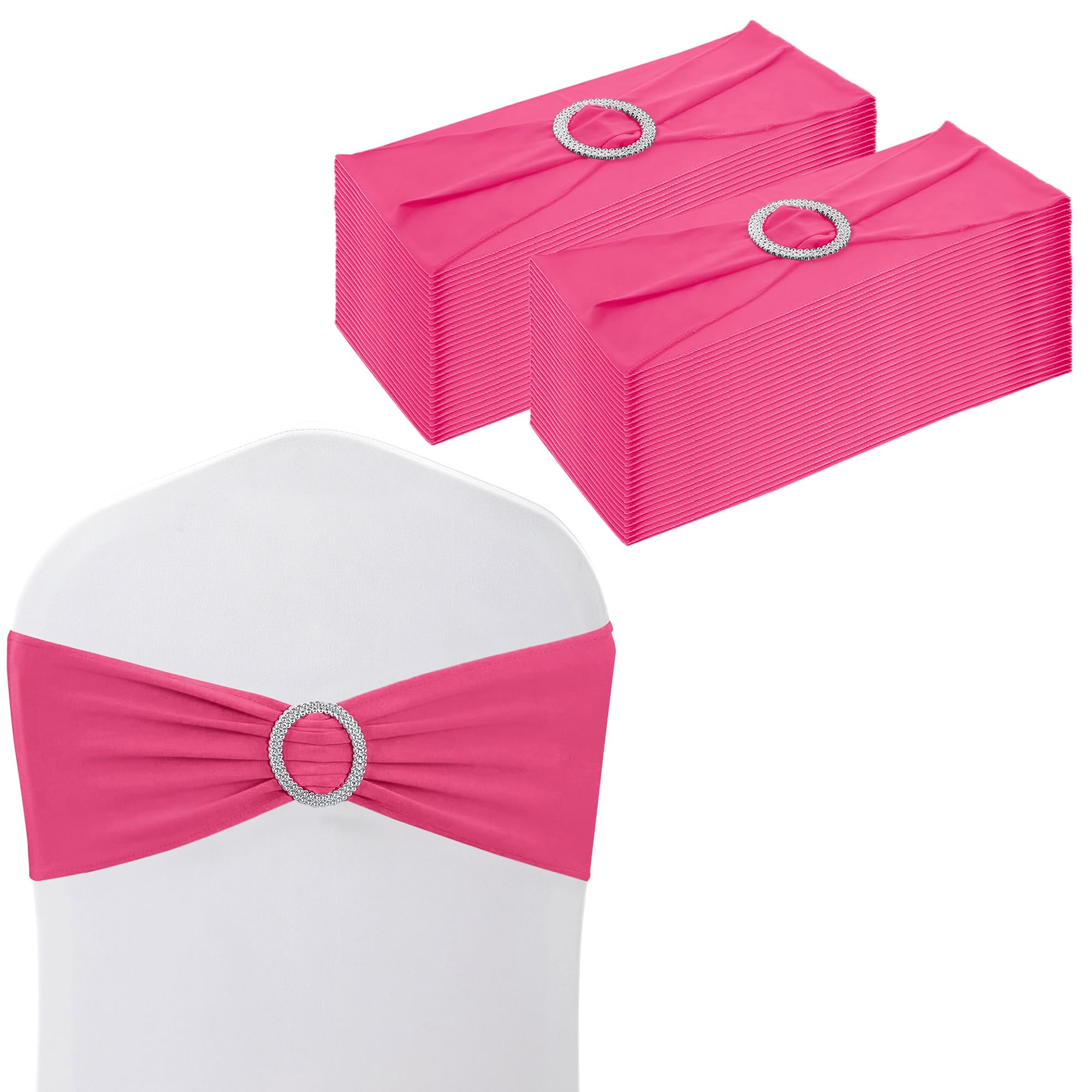 WedDecor Stretch Chair Bands Plain Spandex Band with Slider Buckle for Wedding Party Chair Decoration, Events Supplies, Formal Meeting, Hot Pink, 13 x 6 Inches, 25pcs