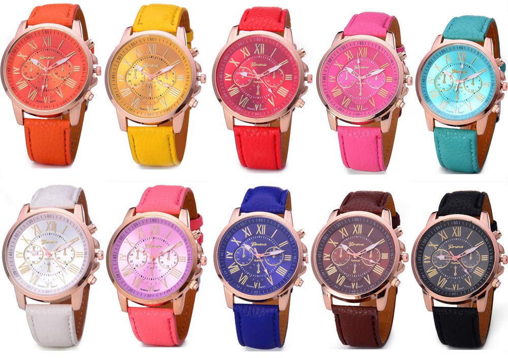 CdyBoxWholesale Watch 10 Pack PU Leather Wristband Roman Numerals Analog Quartz for Women Men