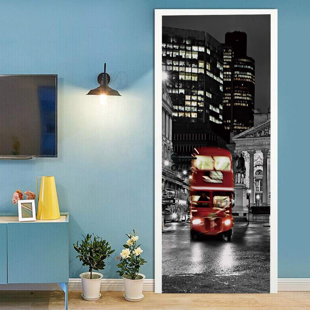 Sticker de porte bus de nuit 88x200cm trompe l'oeil pour decoration interieure