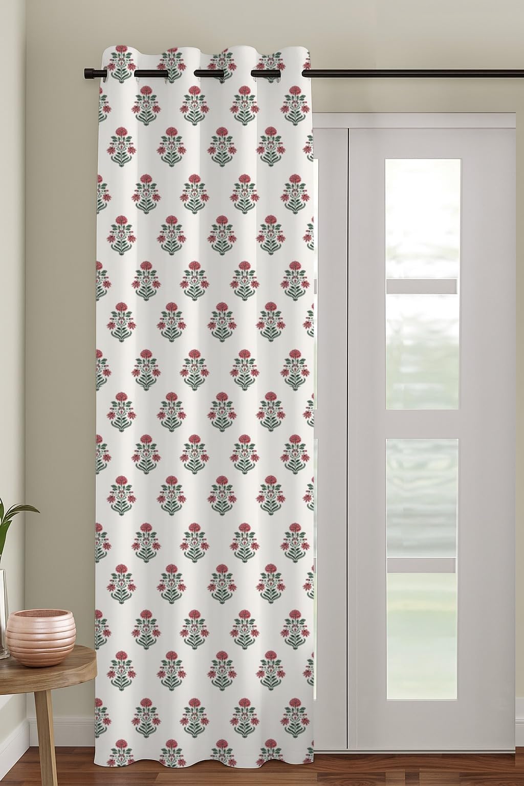 Trance Home Linen Floral Printed 100% Cotton Door and Window Curtain | 7 Feet Curtains for Living Room Bedroom Office | Semi Room Darkening Parda | (7Ft Door Curtains, Aangan Red) - Set 1