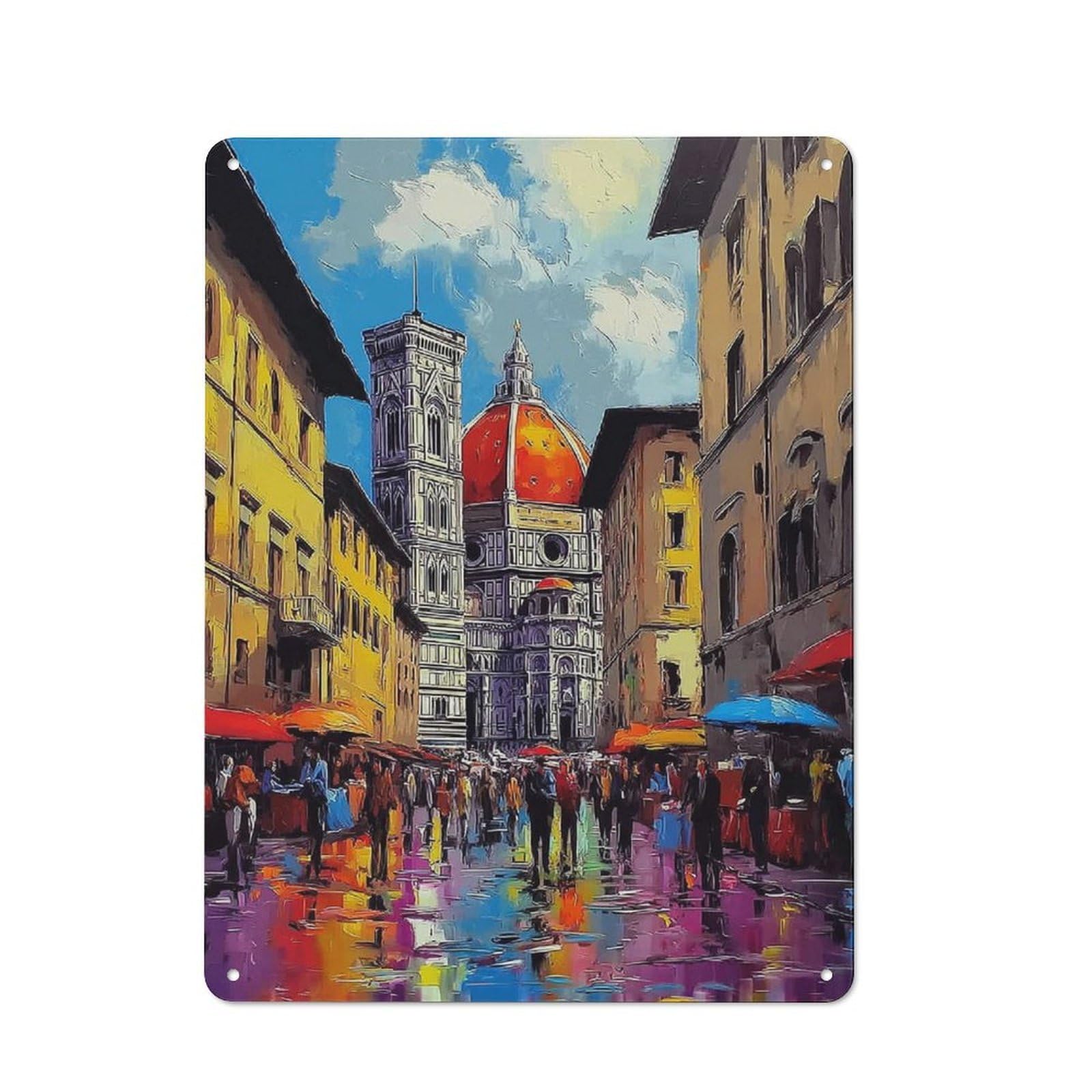 Junmoney Florence Market Scene With Dome Vintage Metal Sign 40X30cm For Café Or Restaurant, Suited To Restaurant Decor Fans