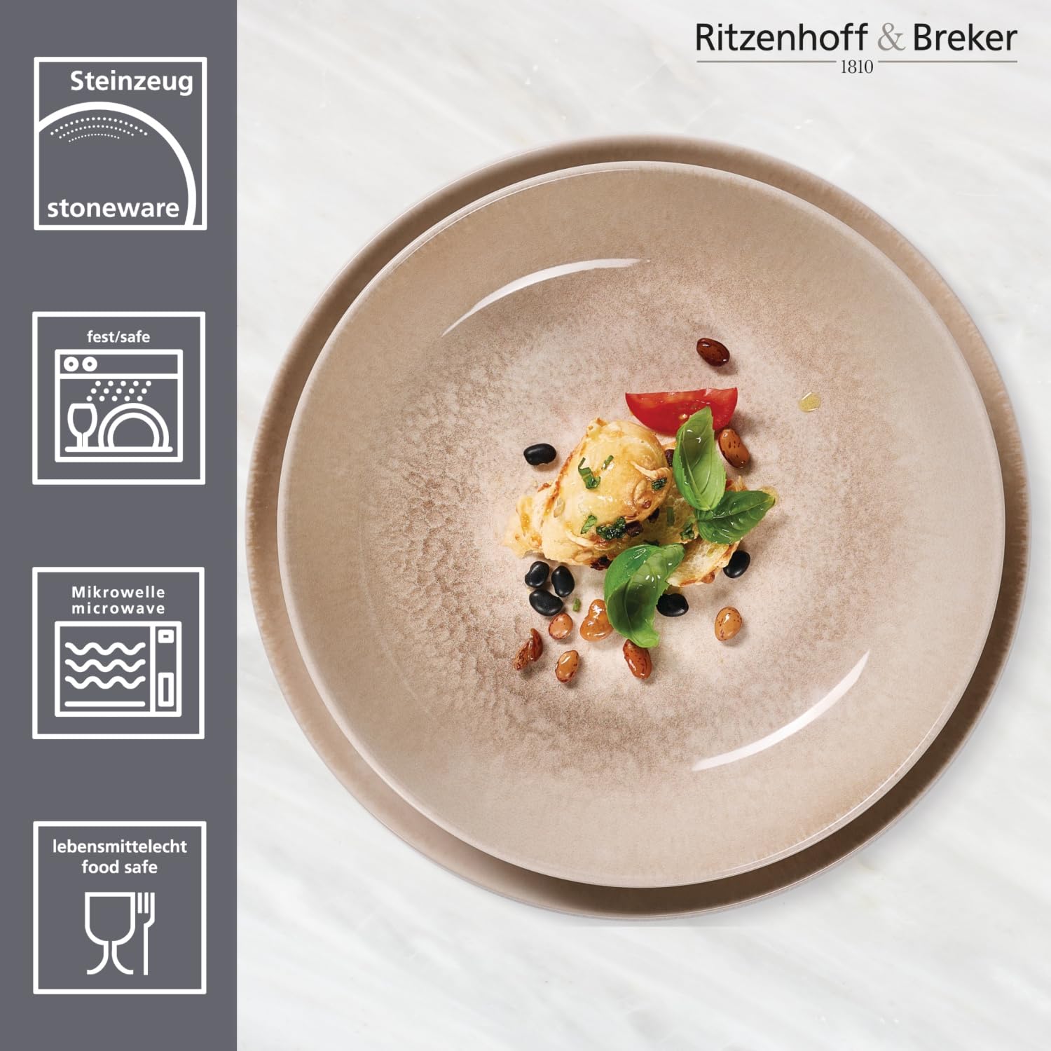 Ritzenhoff & Breker Savora Tafel-Set 8-teilig für 4 Personen – Modernes Geschirr aus Steinzeug im Used-Look – Spülmaschinenfest & Mikrowellengeeignet – Speiseteller & Suppenteller in Sandfarben