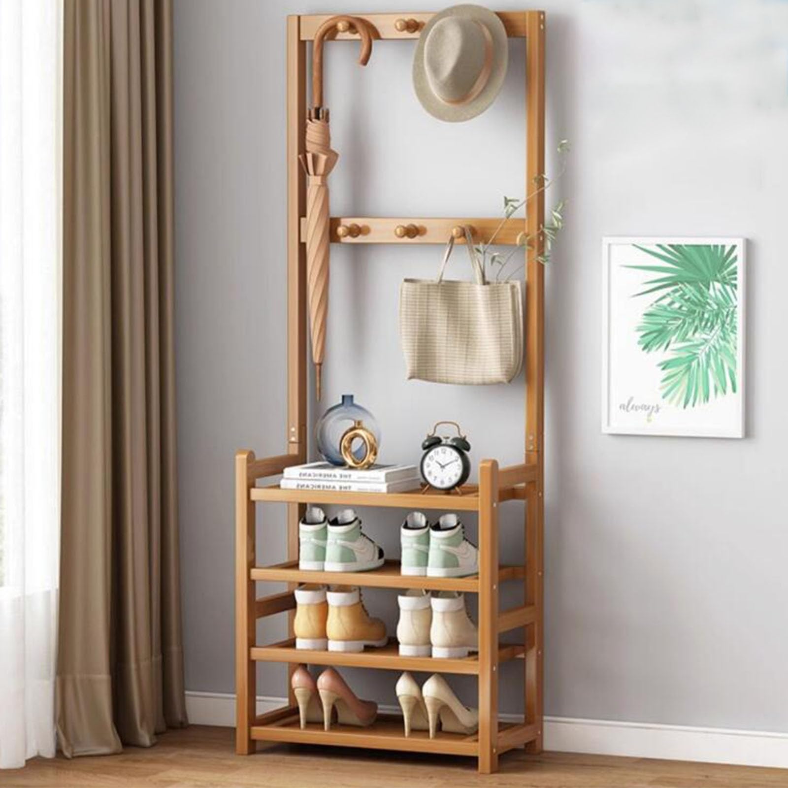 MYUYEE Coat Rack, Freestanding Coat Stand With Shoe Storage Bench, 3-In-1 Hall Tree With 12 Hooks & A Clothes Rail For Hallway Entryway Bedroom, Wooden Frame(4 Tier-W50Cm)