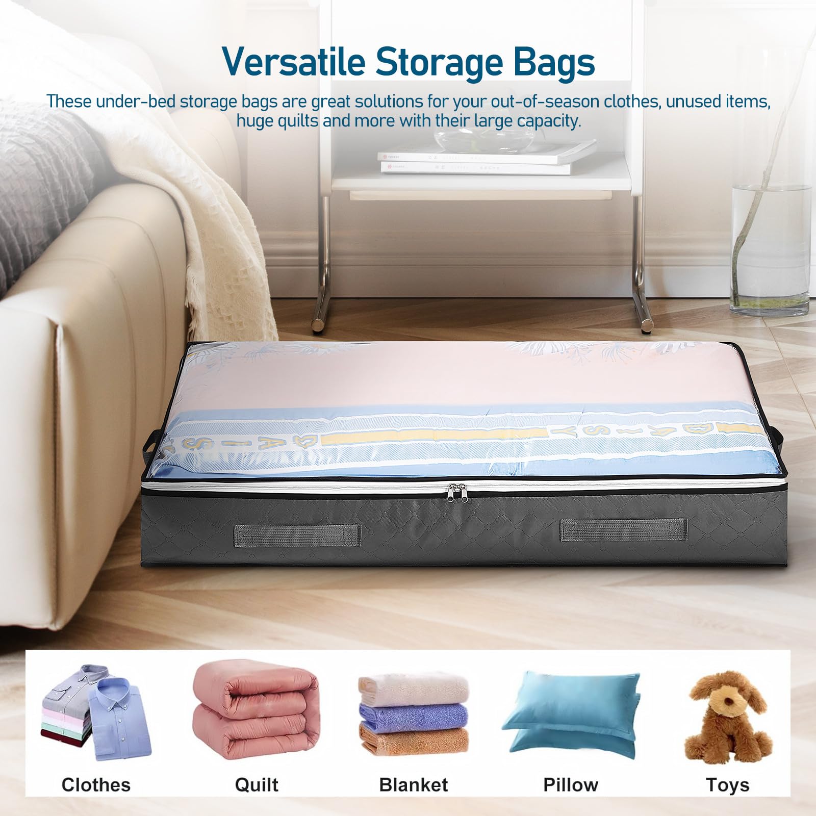 Homoyoyo Bolsas de Almacenamiento Debajo Cama 4 Unidades H Tamaño Grande Tela Resistente Color Gris Oscuro Ventana Transparente Asas Reforzadas para Ropa de Cama y Edredones Organizador