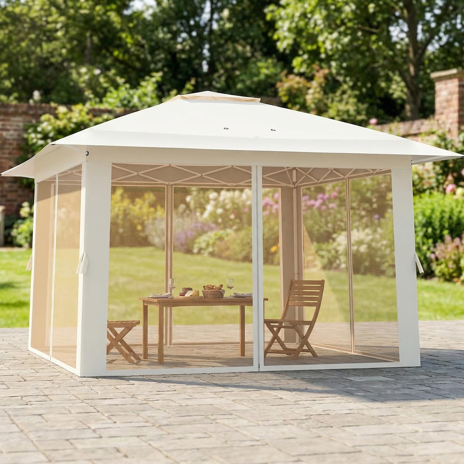 COSTWAY Gazebo da Giardino 3,94 x 3,94 M, Gazebo da Esterno con Zanzariera, Tetto Doppio, 3 Altezze Regolabili e Borsa per il Trasporto, per Feste, Barbecue, Giardino e Spiaggia (Beige)