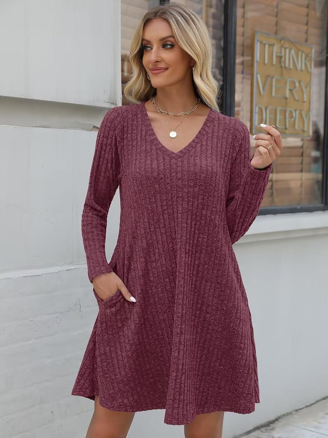 BELAROI Plus Size Sweater Dress for Women Tshirt Fall Dresses Winter V Neck Long Sleeve Pockets Casual Party Loose Fit - Image 5