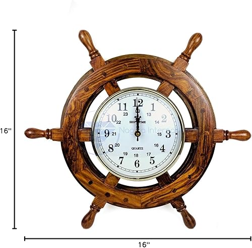 Miniatura 9 de Nagina International Rueda de barco náutico hecha a mano de 16 pulgadas con esfera de número arábigo de 6 pulgadas  Reloj de decoración de pared
