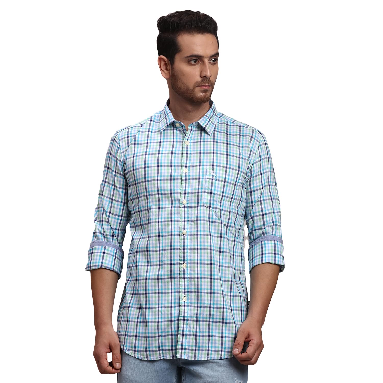 Men's Pure Cotton Checks Pattern Slim Fit Semi Cutaway Collar Full Sleeve Casual Shirt-image-39
