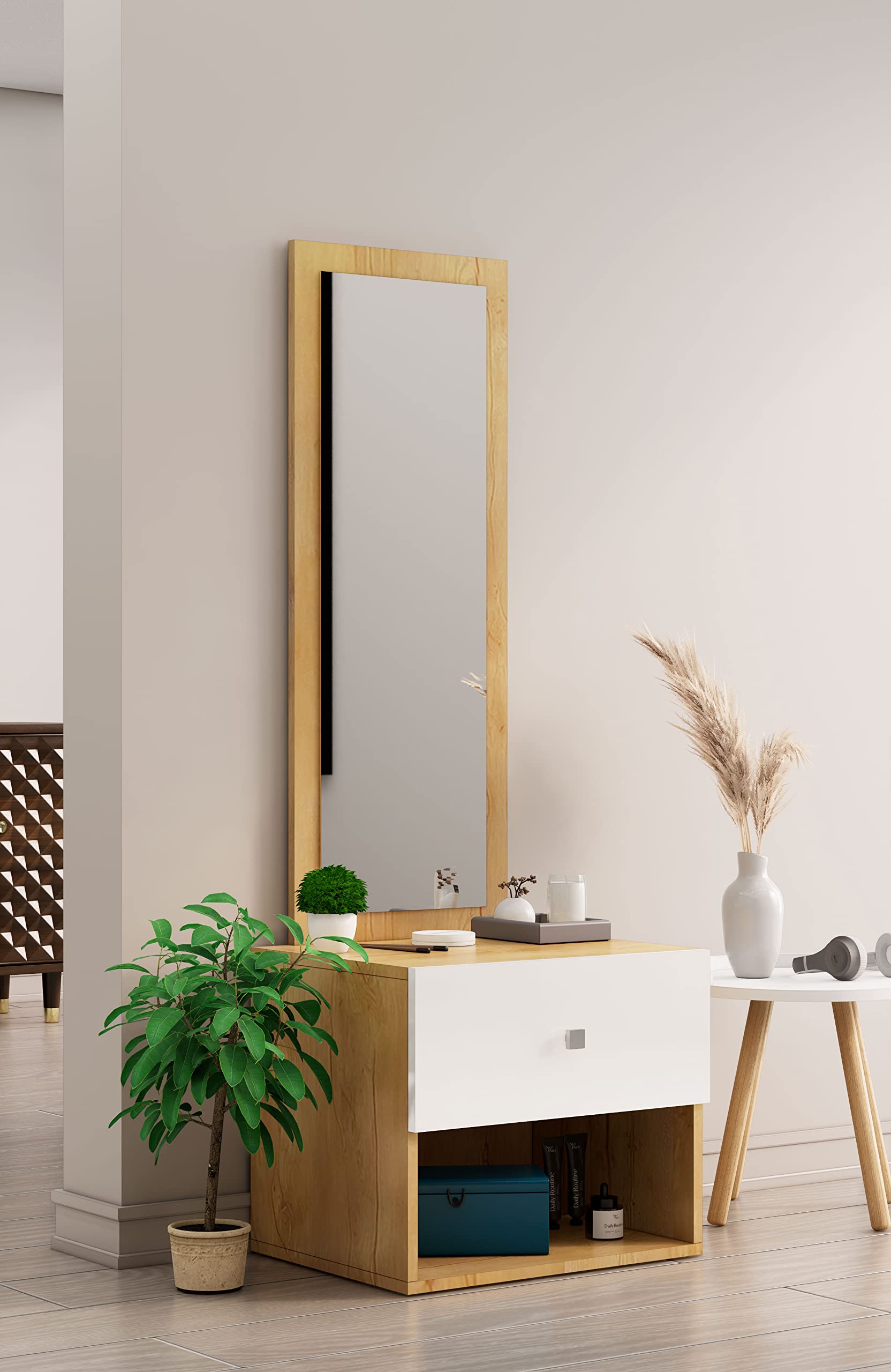 Hexa Red Engineered Wood Dressing Table Mirror with 1-Drawer & Storage Shelf for Bedroom | Vanity Mirror with Shelf (Giant Wood & Frosty White)-image-38