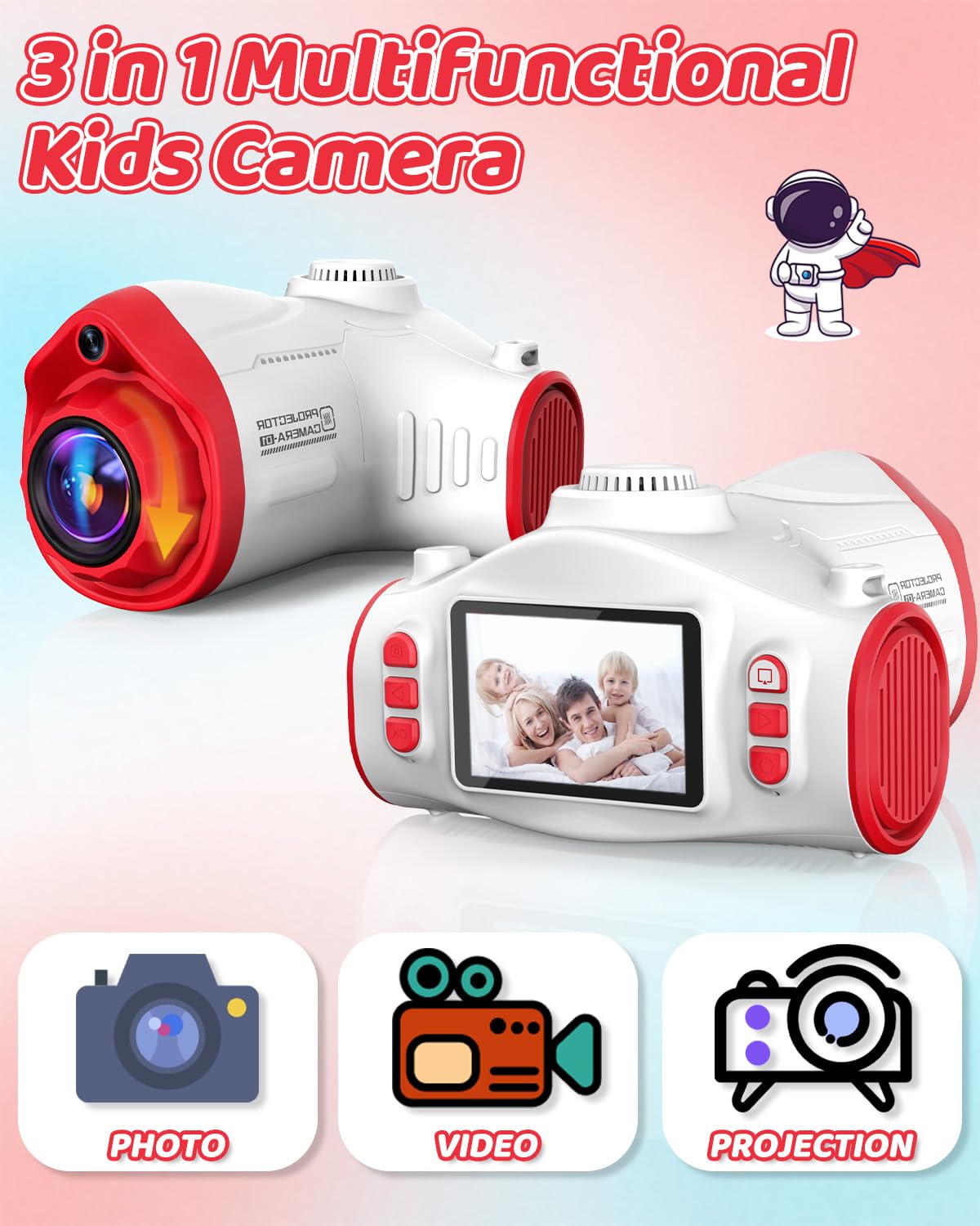 Macchina Fotografica per Bambini, Usteetic Proiettore Fotocamera per Bambini 1080P Fotocamera Digitale Regalo di Natale Giocattolo per 3 4 5 6 8 7 9 10 11 12 Anni Ragazzi e Ragazze, Astronave