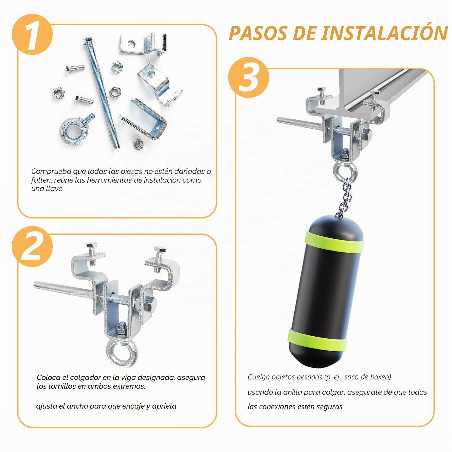 2 piezas Abrazadera Ajustable de Acero – Soporte para Saco de Boxeo, para Cargas Pesadas de Hasta 204 kg, Soporte Saco Boxeo Suelo Techo, Ajustable para Viga de 65 mm a 225 mm