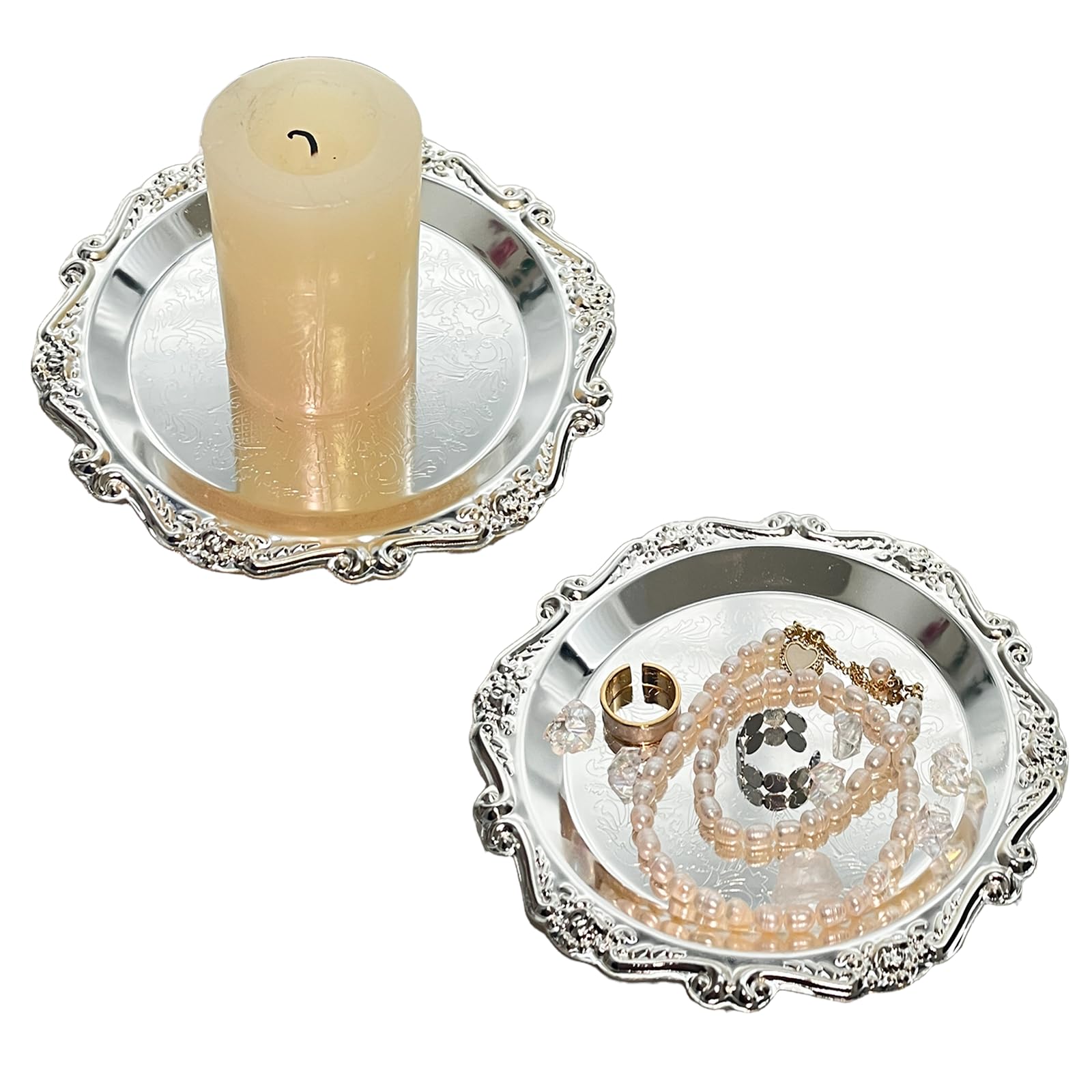 Pillar Candle Holder Set of 2 Jewelry Dish Ring Holder Candle Stand Decorative Metal Plate Vanity Tray for Weding Home Decor (Silver)