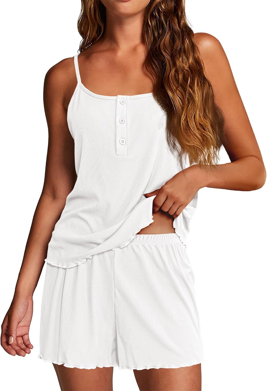 Ekouaer Pajamas for Women Set Lingerie Pjs 2 Piece Cami Sleepwear Ribbed Knit Shorts Set