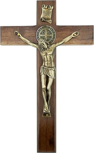 Cruz de pared de madera con medalla de San Benito | Hermoso Jesús en tono bronce | Madera teñida maciza | Listo para colgar en la pared | Gran