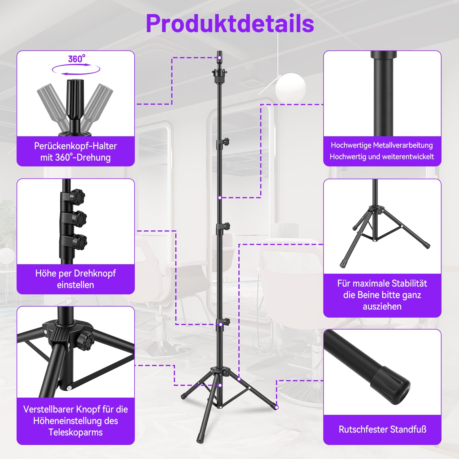 TwoWin 55 Zoll (140cm) Perückenständer, Frisierkopf Ständer, Verstellbar Schaufensterpuppen kopfständer für Friseur, Übungskopf Ständer für Kosmetologie Friseur Ausbildung
