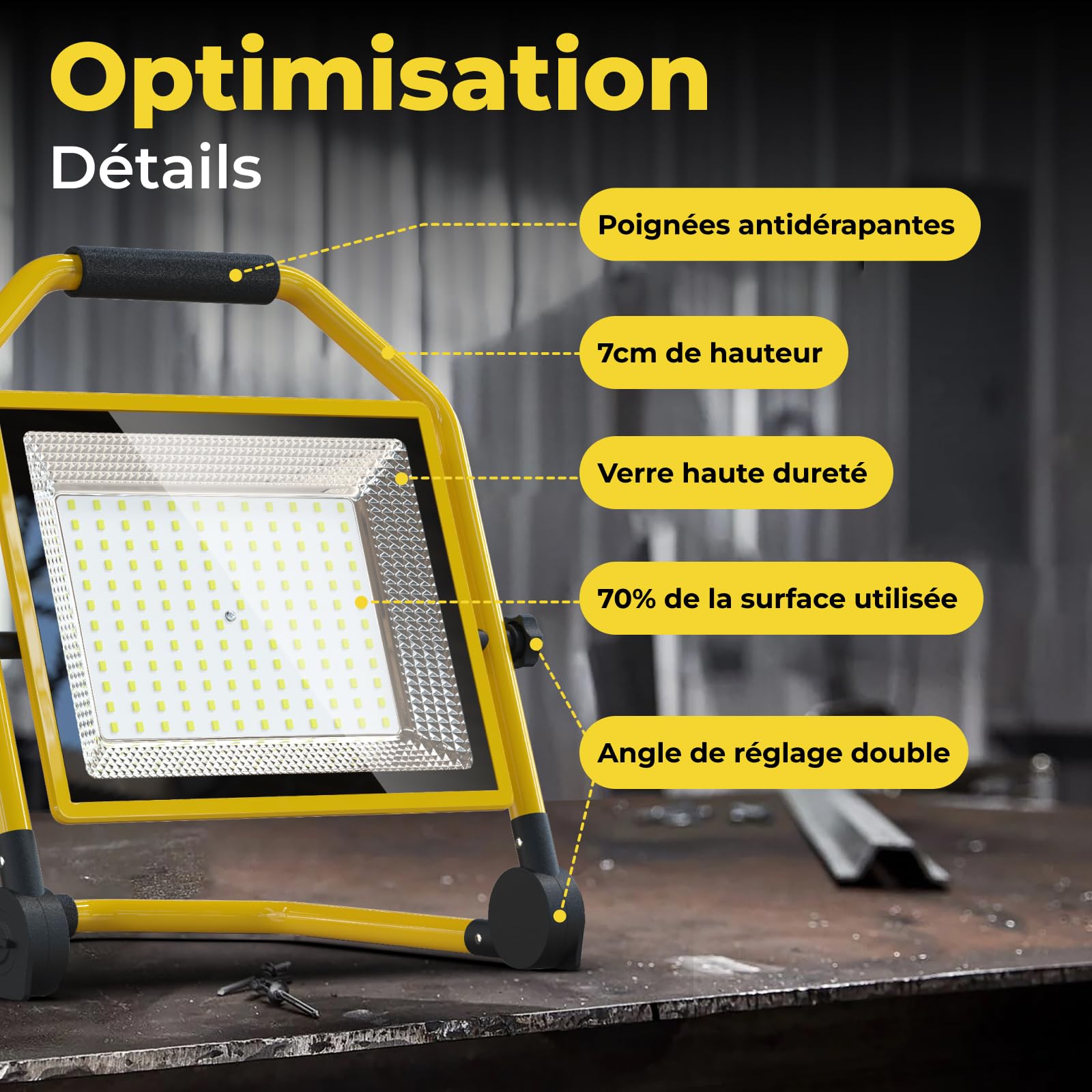 Projecteur de Chantier à LED 16500 Lumens, Câble 16FT, 6500k, étanche, Support Réglable Idéal pour les Ateliers Intérieurs et Extérieurs, les Garages et les Chantiers de Construction (150W)