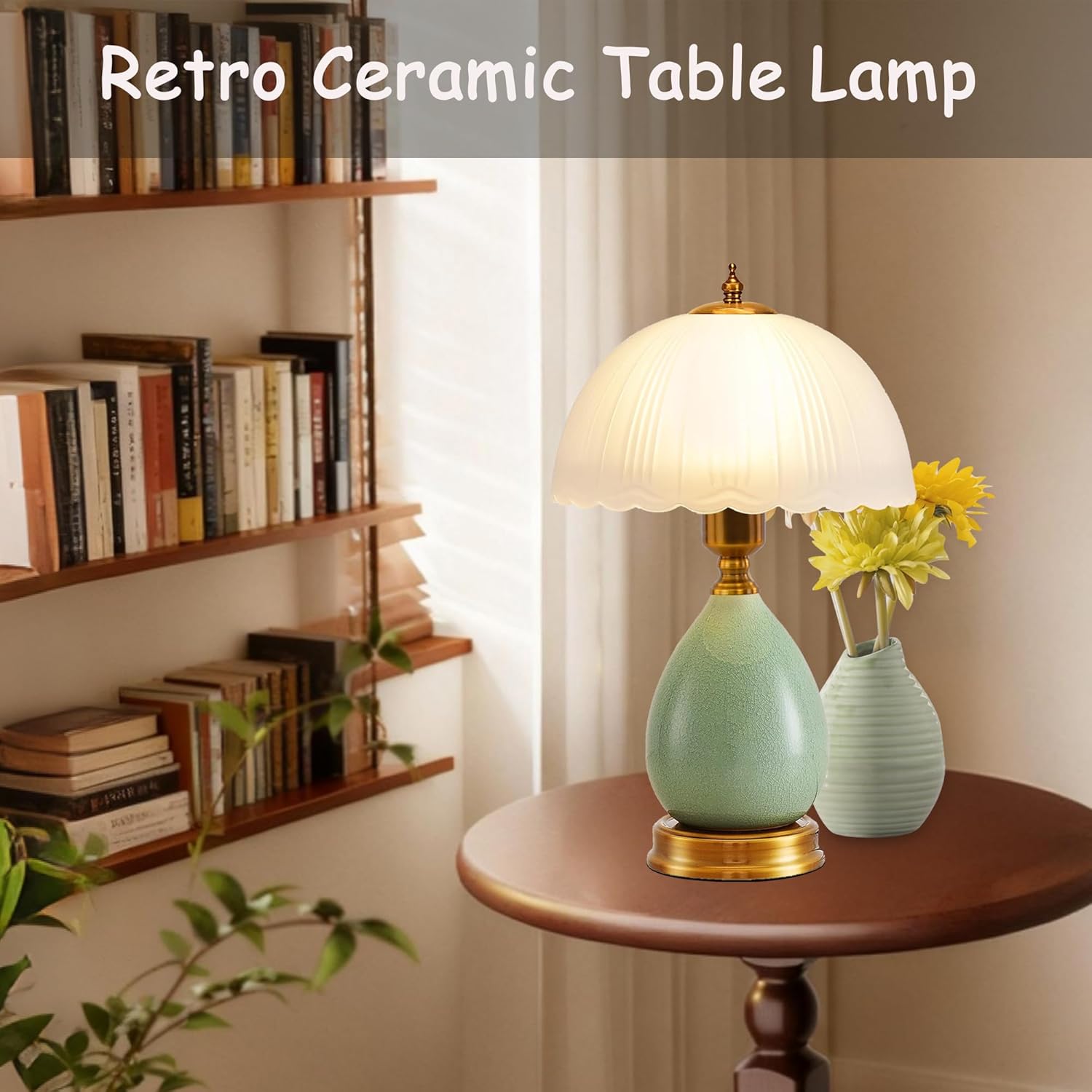 Vintage Ceramic Table Lamp for Living Room, 16" Modern Green Lamp for Bedroom, Retro Bedside Nightstand Lamp for Home Decor