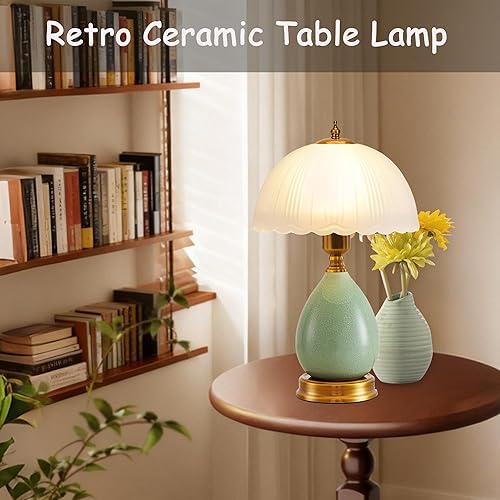 Miniatura 6 de Lámpara de mesa de cerámica verde para sala de estar, lámparas modernas de mesita de noche de 16 pulgadas con pantalla de vidrio blanco, lámpara