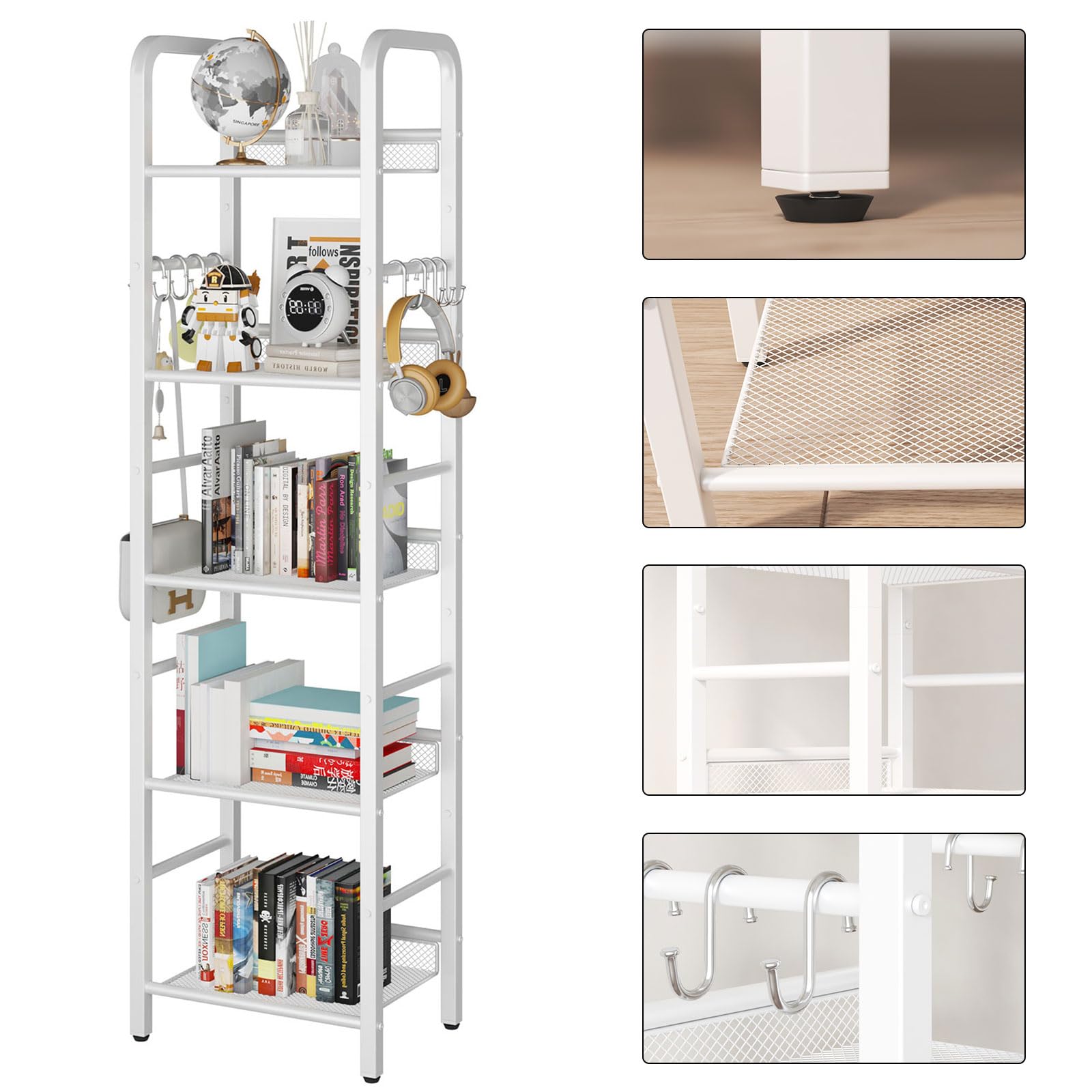 YMYNY Libreria a 5 strati, Libreria, Racchetto di stoccaggio, Mensole, Gancio a S 8 pezzi, Struttura in metallo, Stile minimalista, per Soggiorno, Ufficio, Bagno, Bianco HBC055W