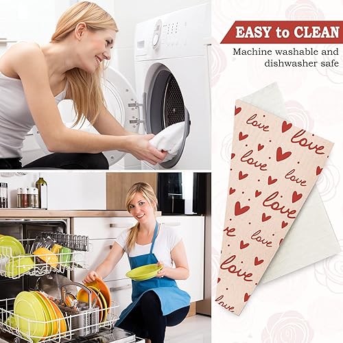 Miniatura 5 de Whaline Paños de cocina suecos para el día de San Valentín, diseño de corazón y rosa, toalla de cocina reutilizable de algodón serie rosa para