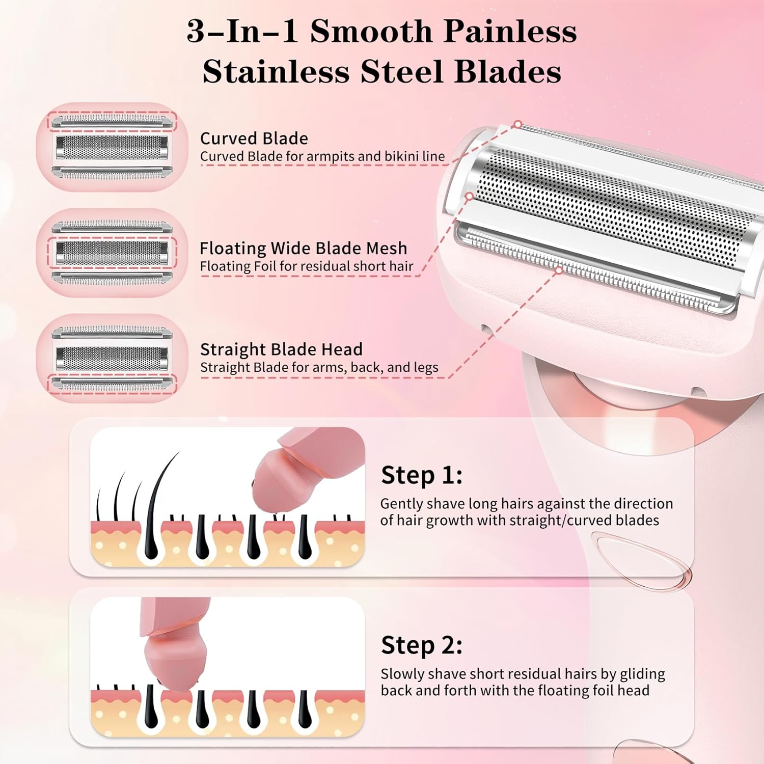 Electric Shaver for Women, Silk Glide Pro Shaver, 2 in 1 Wet & Dry Waterproof Electric Razors with Removable Head, Bikini Trimmer for Women for Leg Arm Underarm Bikini Area (Pink) - Image 4