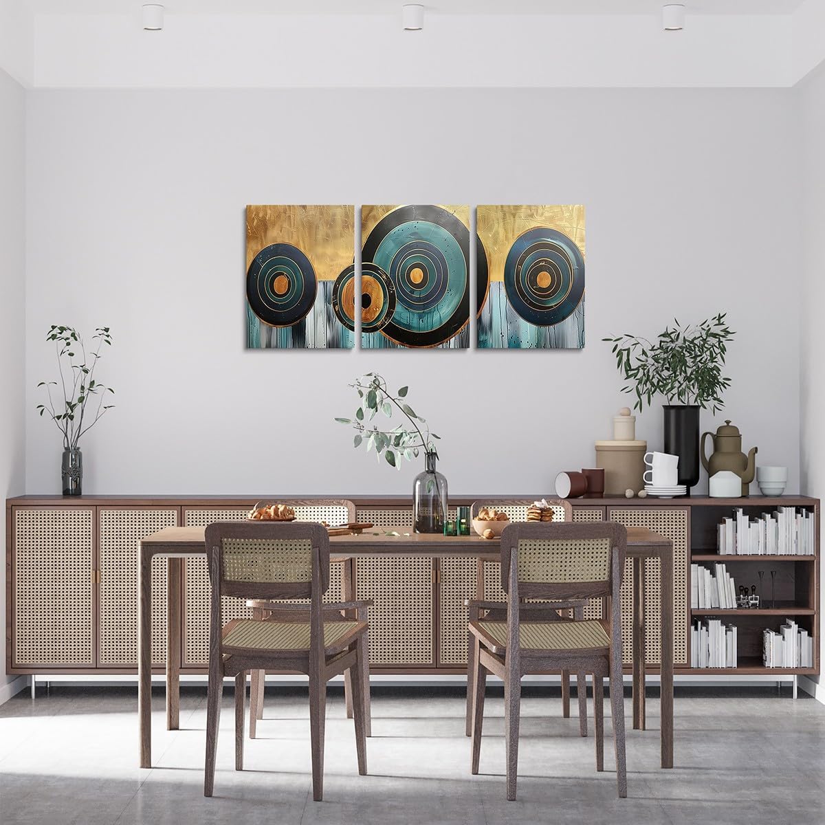 Erosebridal Abstract Aesthetic Canvas Wall Art Set of 3,Teal Gold Geometric Circle Pictures Wall Decor for Living Room Bedroom Office,Boho Minimalist Style Vintage Posters Prints for Home Decorations image 2