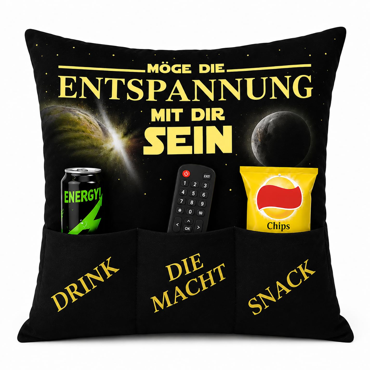 KAMACA Entspannungskissen mit Spruch und Taschen für Snacks - lustiges Geschenk für Mann und Frau - Wichtelgeschenk (Entspannung)