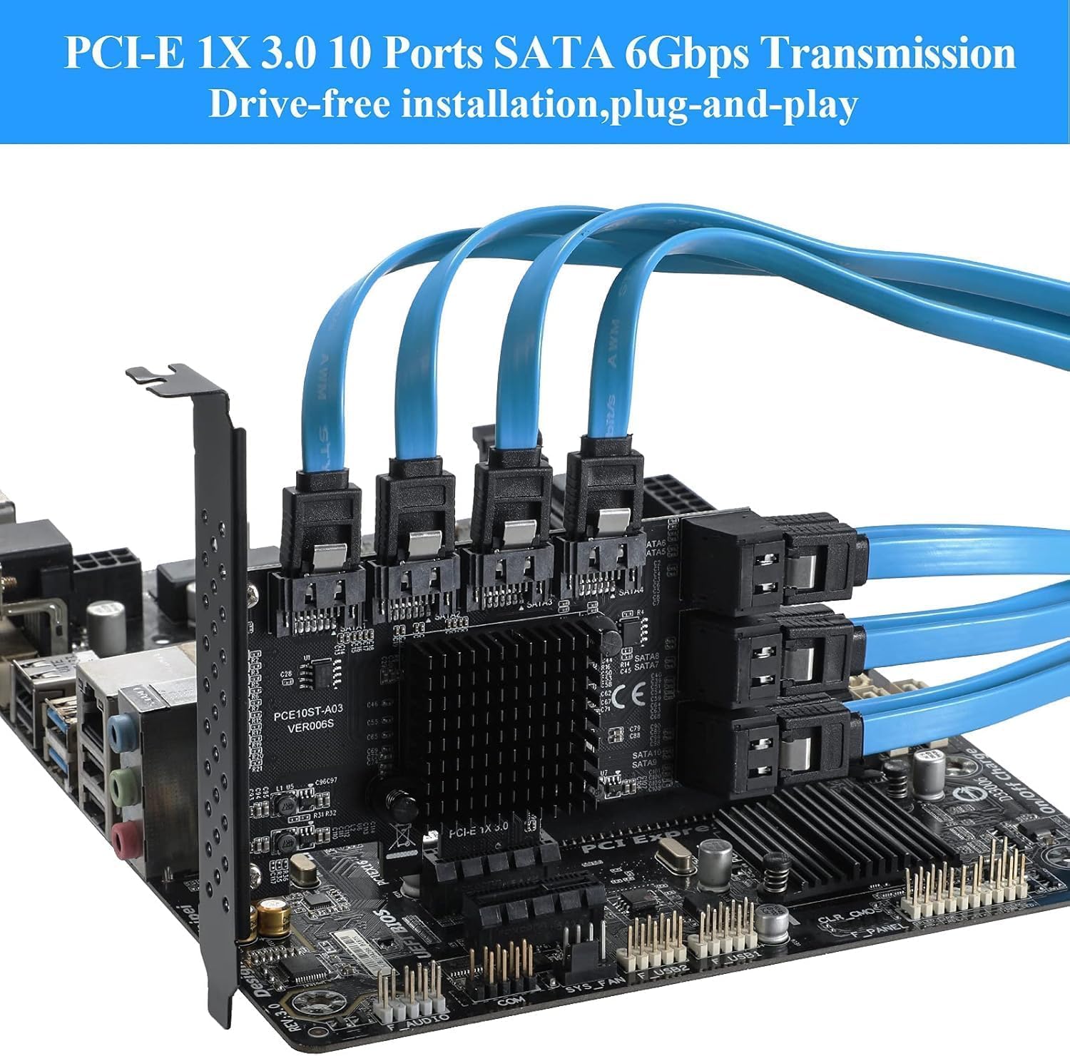 Carte PCIE 1X SATA 10 Ports, Carte d'extension PCI Express 3.0 à contrôleur SATA 3.0 6 Gbps, supportant 10 périphériques SATA 3.0, avec Support à Profil Bas et 10 câbles SATA (ASM1166+JMB575)