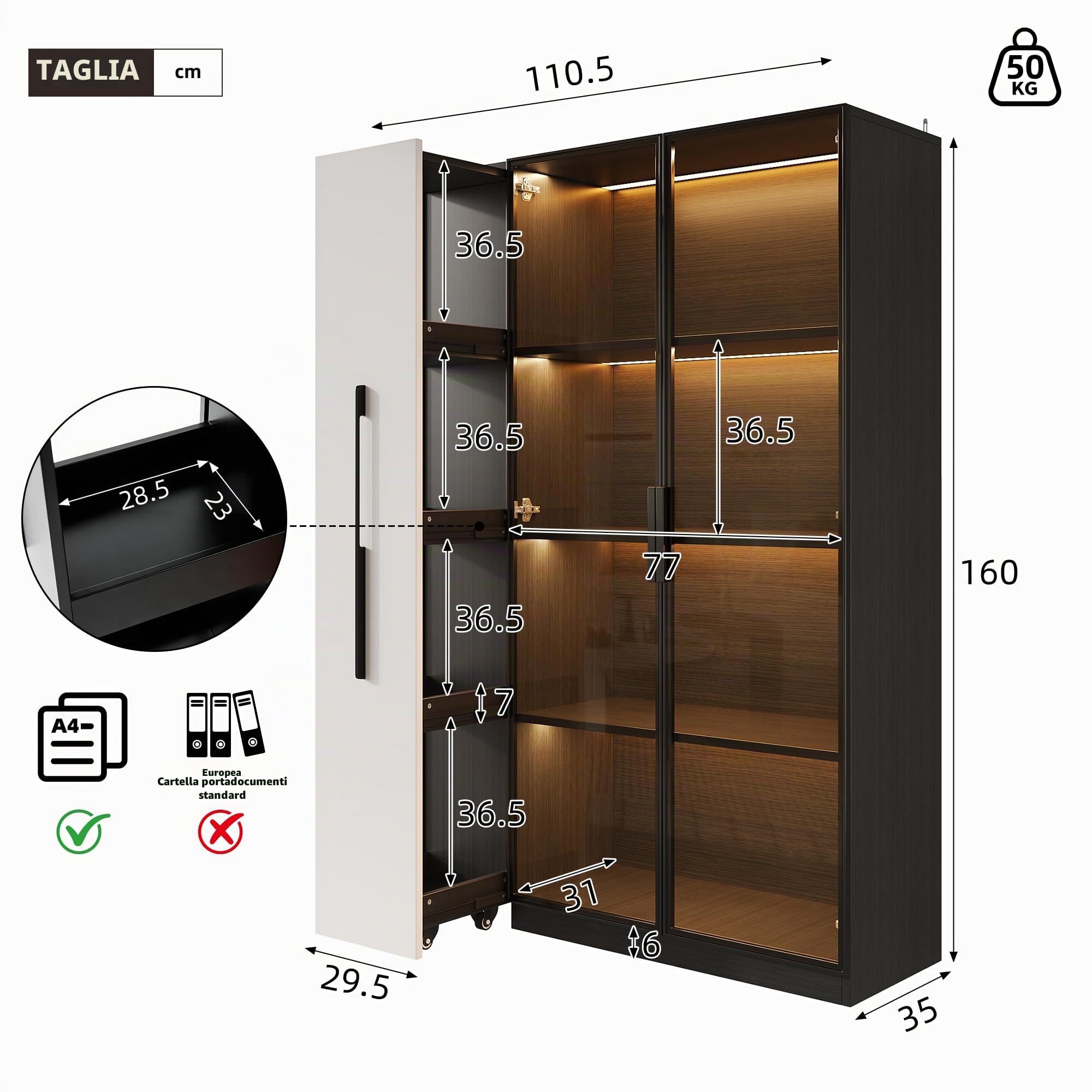 Multifunzionale Armadio 110,5×35×160 cm - Vetrinetta con Porta in Vetro e LED, Estrazione Laterale, Armadio a Ruote Bianco e Nero, Mobile Alto, Libreria, Armadio per Bagno, Credenza per (B)