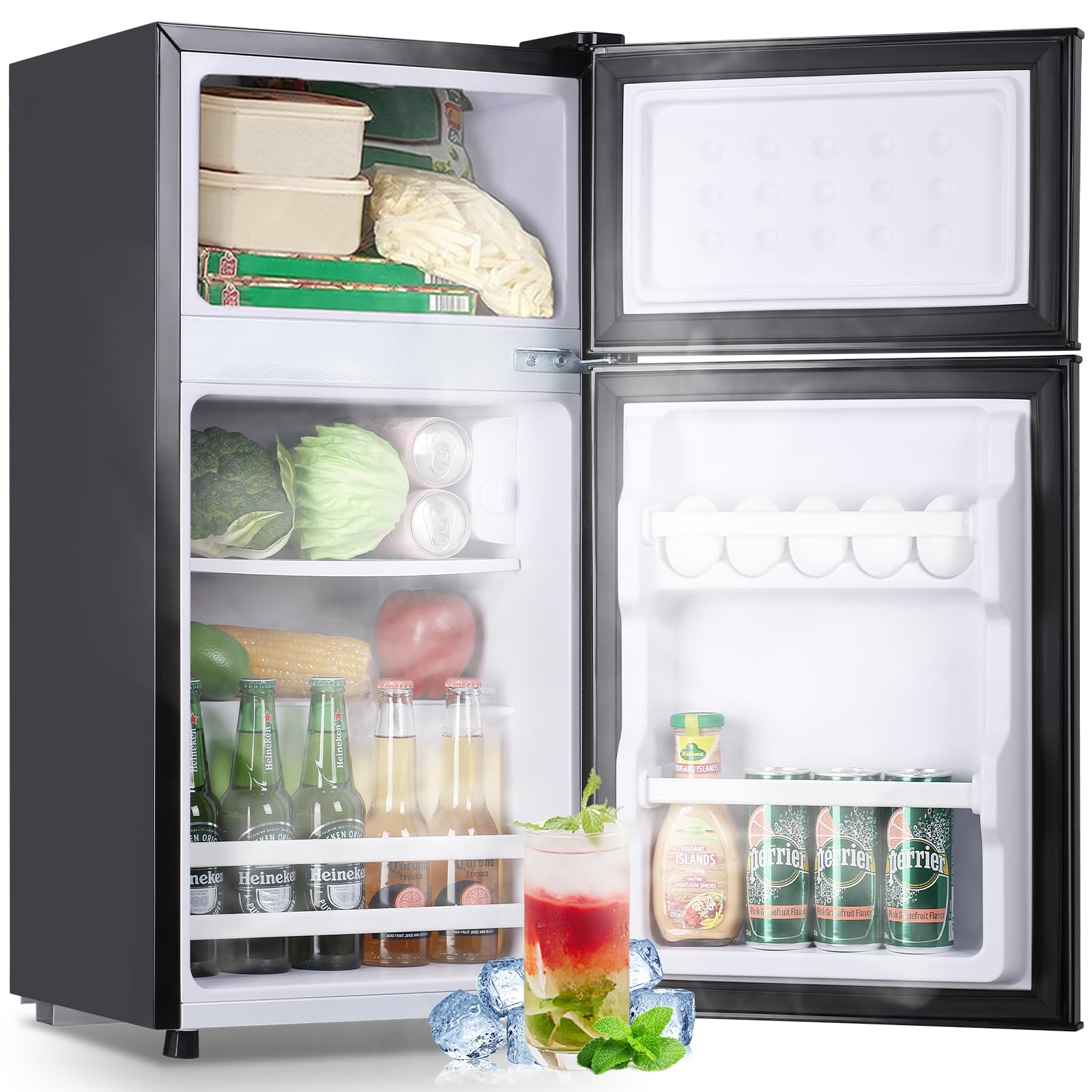 DEMULLER Retro Fridge with Freezer Dual Door Apartment Size Refrigerator with Egg Tray, Fridge with Removable Plastic Shelves, 14.96" D x 14.57" W x 30.8" H, Dark Grey