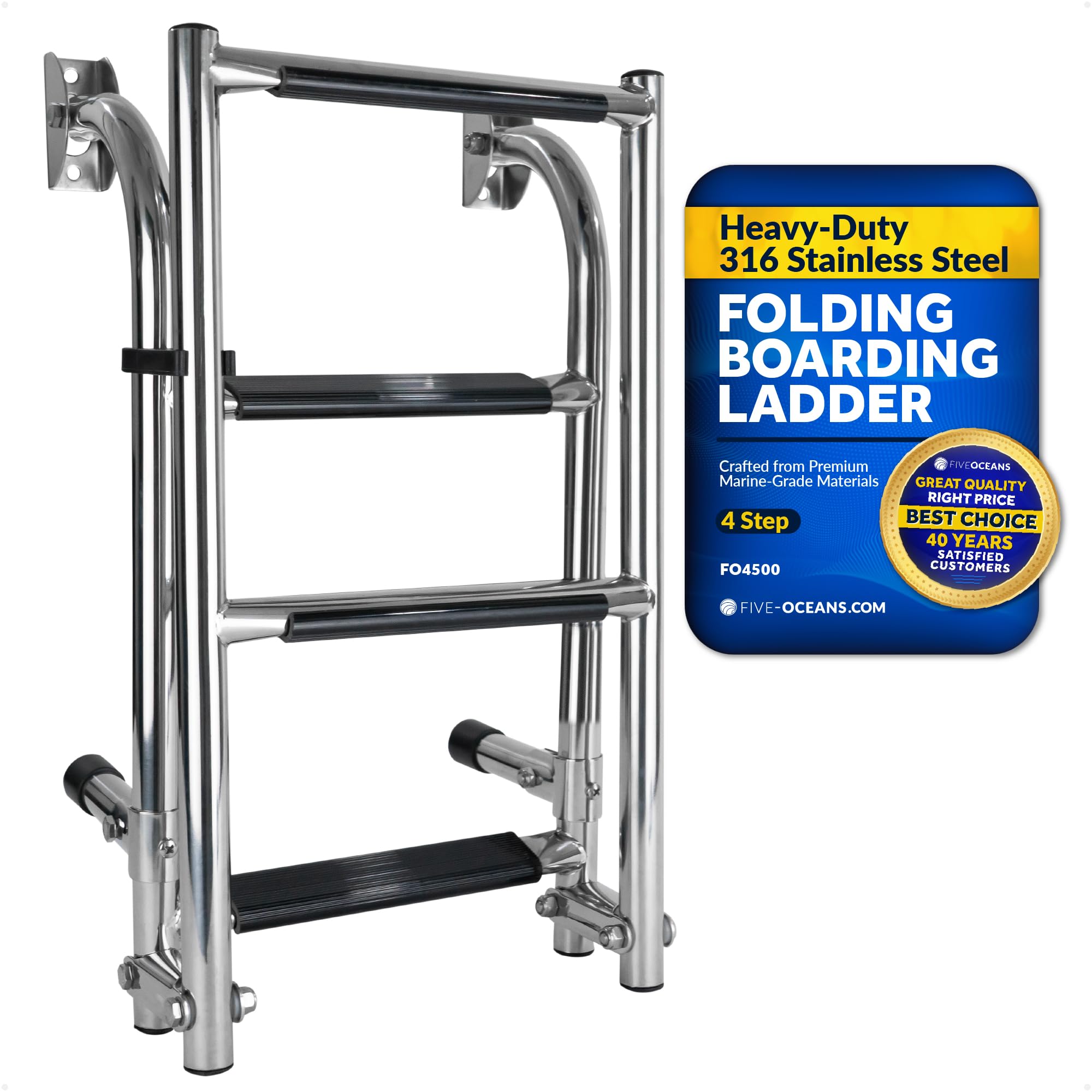 Five Oceans 4-Step Folding Boat Ladder - Stainless Steel for Pontoons, Fishing, Bass & Sport Boats - FO4500