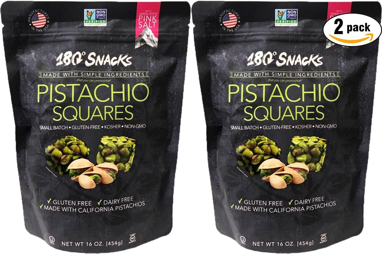 180 Snacks Gluten Free Pistachio Squares with Himalayan Pink Salt 16oz (2-Pack)