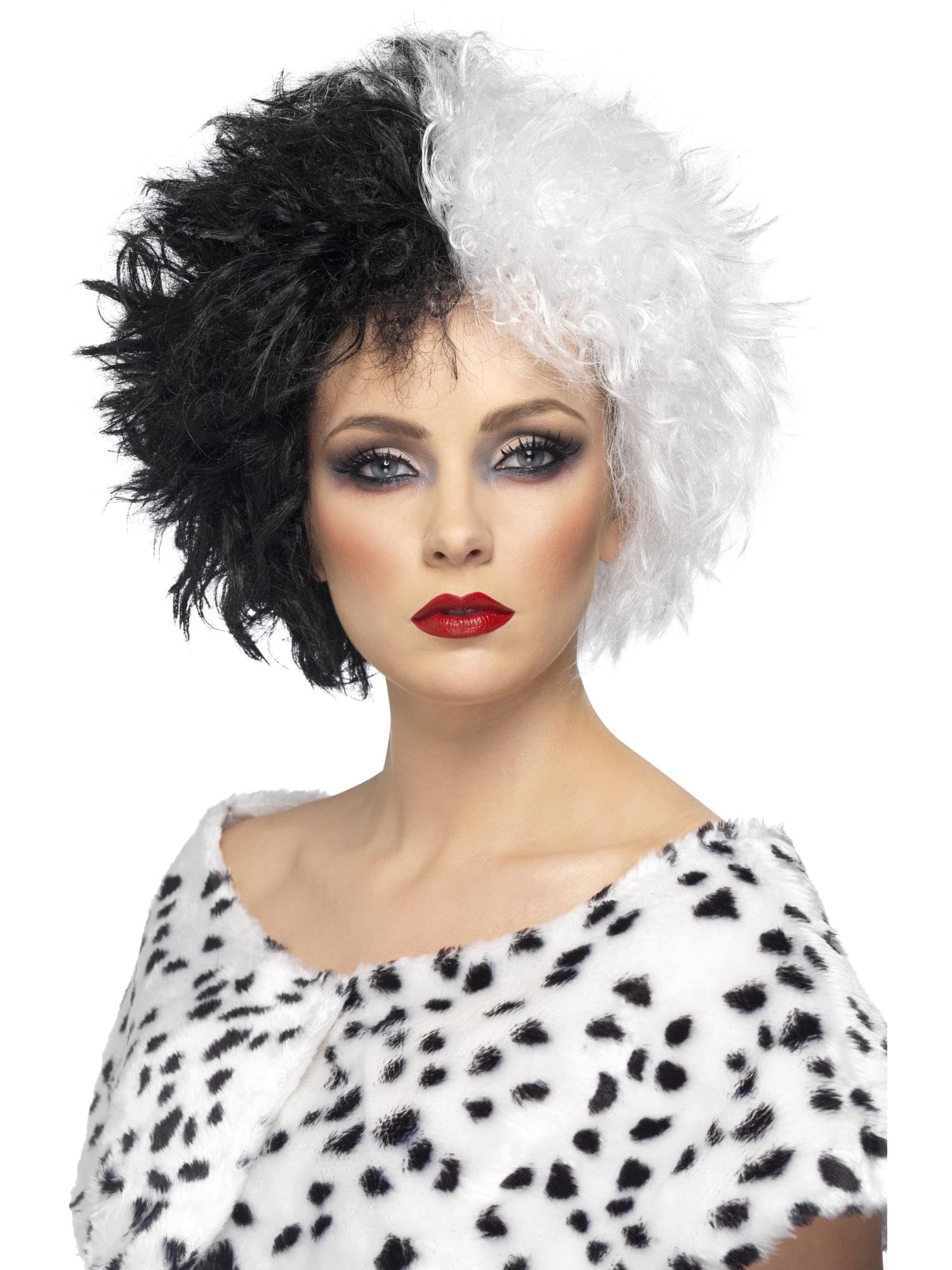 Smiffys Evil Madame Wig, Black & White Short, Curly, Icons & Idols Fancy Dress, Adult Dress Up Wigs Halloween