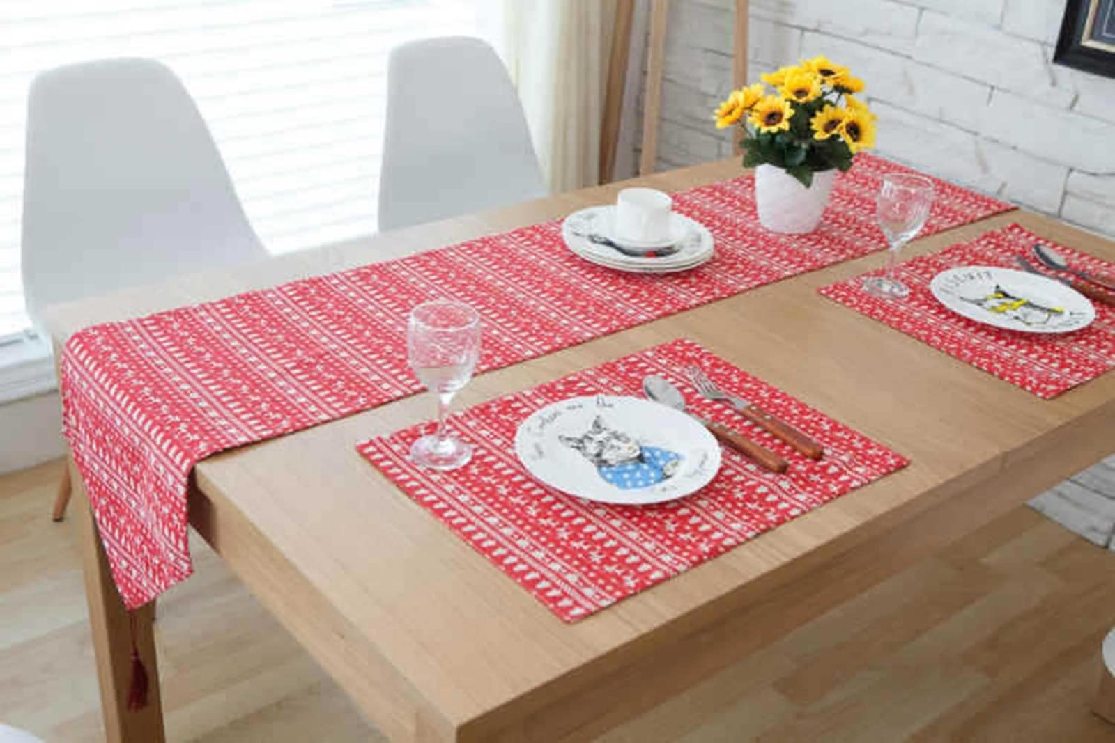 Runner da tavola per compleanno, rosso, piccolo cervo natalizio con nappe, in cotone, 32 x 200 cm