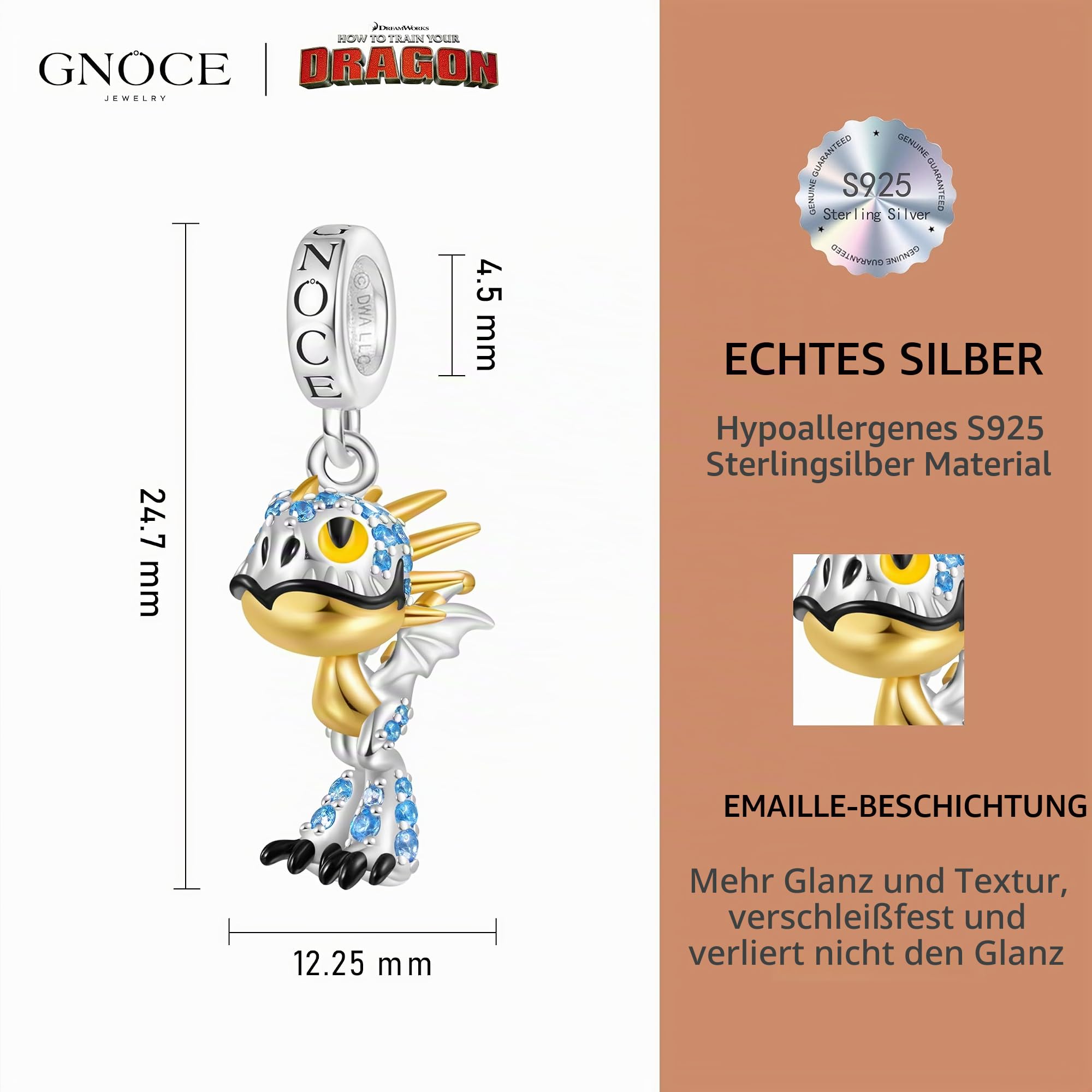 GNOCE How to Train Your Dragon Charm Anhänger Tödlicher Nadder Drache Anhänger S925 Sterling Silber Charm Perlen für Armband Halskette Schmuck Geschenk für Fans