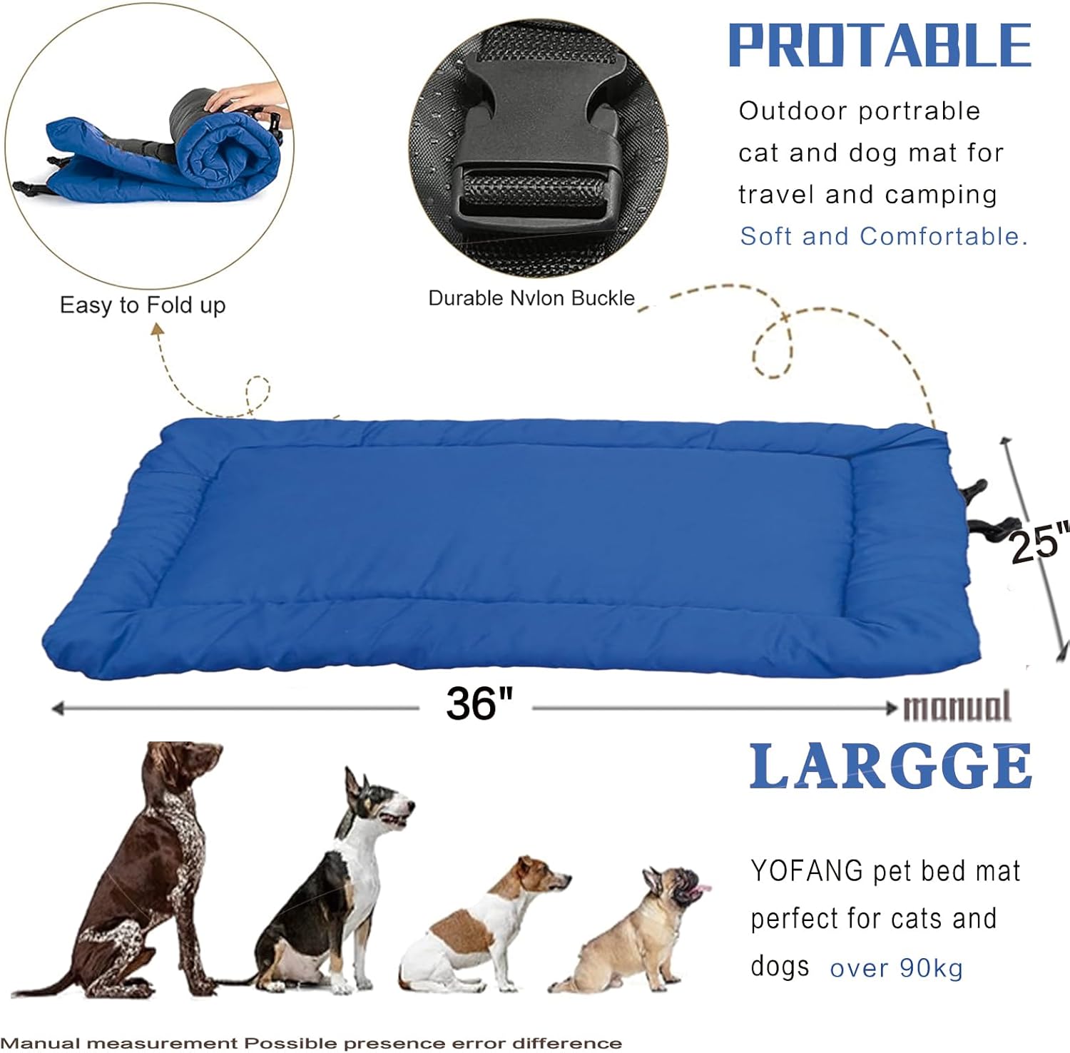 review Outdoor Travel Dog Bed Waterproof Anti-Slip,Portable Roll Up Dog Beds for Camping,Durable Ripstop 1600D Nylon Fabric Dog Crate Pad Easy to Clean for Car,Sofa and Cage,Blue,36
