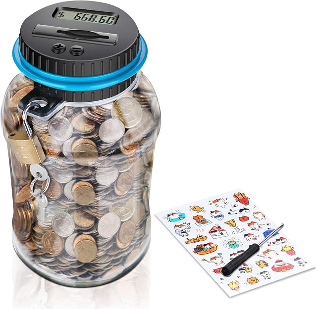 MOMMED Digital Money Box, Automatic counting money box for kids, Digital money counting jar with LCD display, Savings jar supports UK coins, Piggy Bank 1.8L Large Capacity
