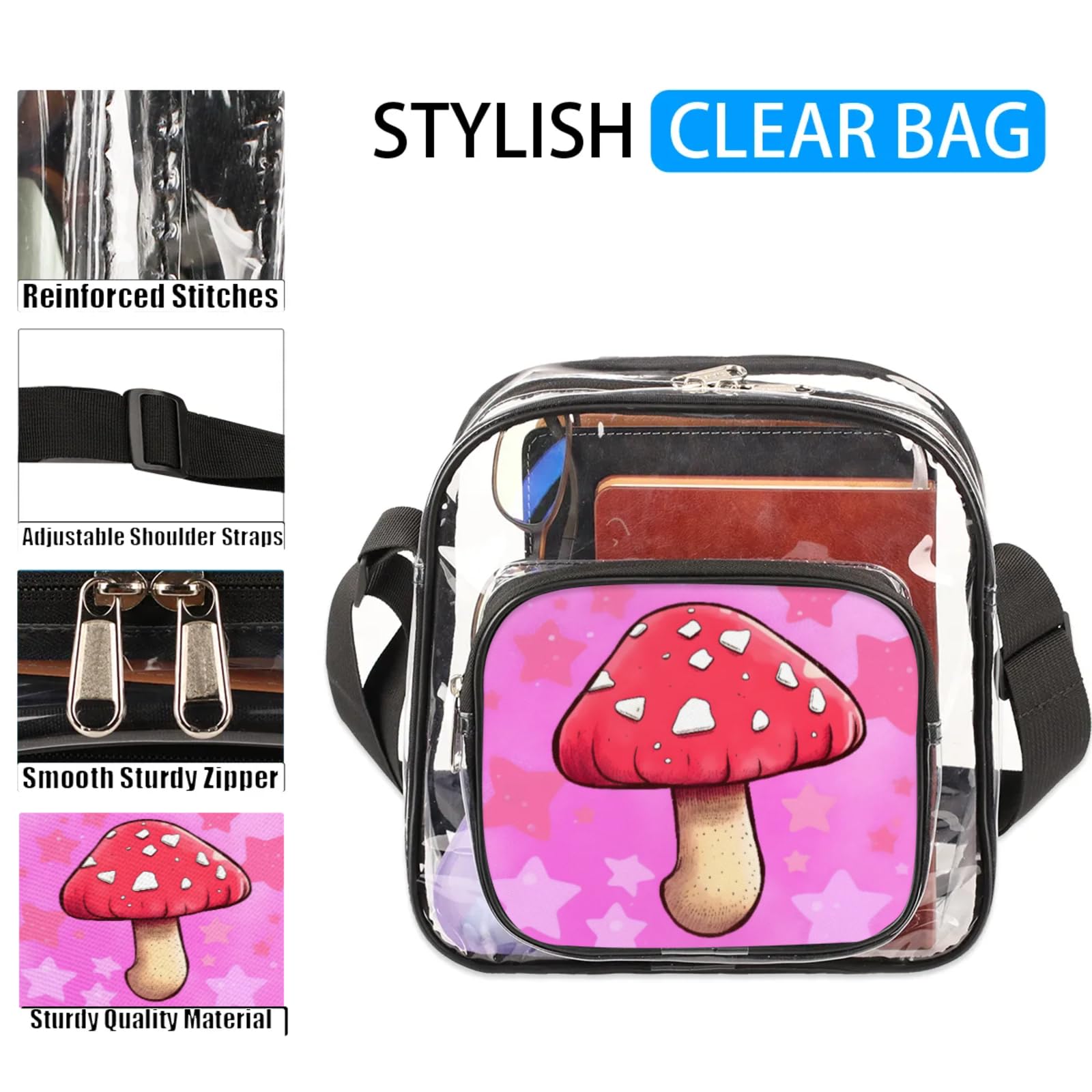GzLeyigou Clear Crossbody Bag Stadium Approved Cute Mushroom Transparent Bag for Festivals, Sports Events, Concerts,Beach Bag for Women Men Doodle Clear Purse with Front Pocket Messenger Bag